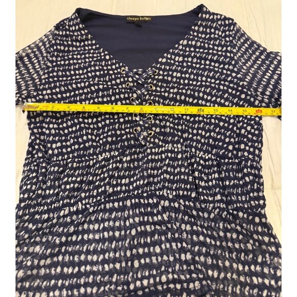 Always Indigo Womens M V-Neck Peplum Blouse Navy/White Patterned Lace-Up - Picture 6 of 8